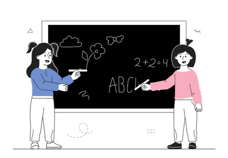 Children write on chalkboard. Girls with crayons write mathematical equations and draw. Education and training, lesson at school. Development of childrens creative skills. Linear vector illustrationのイラスト素材