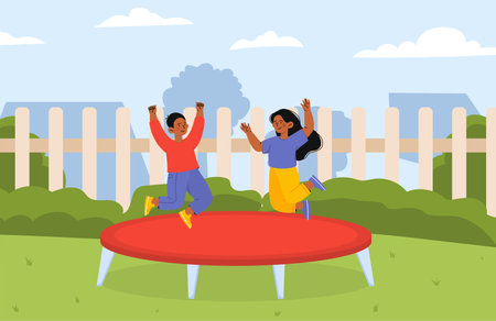 Children on trampoline. Boy and girl jumping on red trampoline. Friends spend time together in backyard. Hobbies and leisure. Children with outdoors activity. Flat vector illustrationのイラスト素材
