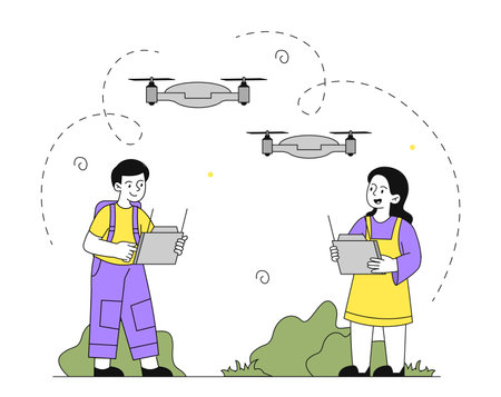 Kids control drones. Boy and girl with remote controllers control drone with cameras. Children in robotics club. Hobby and leisure outdoors. Linear vector illustration isolated on white backgroundのイラスト素材