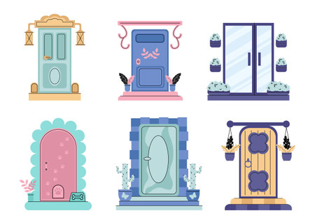 Set of house doors. Facade and exterior for cottage or townhouse. Beautiful doorways with bushes, flowers and cactuses. Linear vector collection isolated on white backgroundのイラスト素材