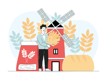 Flour milling industry. Man with ears of corn in hands stands near mill. Production of flour products, bread. Farming and agriculture. Linear vector illustration isolated on white backgroundのイラスト素材