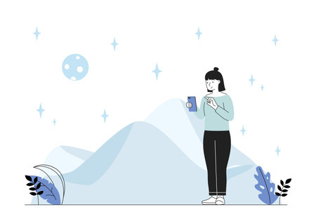Woman taking photo of landscape. Young girl with smartphone takes pictures of field and mountains at night. Outdoor photographer. Beautiful natural panorama. Linear vector illustrationのイラスト素材