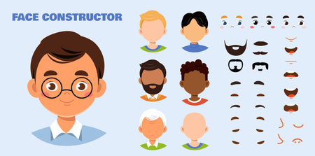 Man face constructor set. Happy kid in glasses. Pack of eyes, beards and moustaches for creating animation. Social media avatar. Flat vector collection isolated on white backgroundのイラスト素材