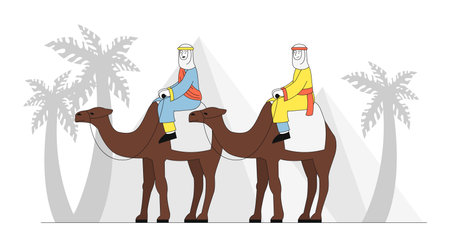 People on camel. Men in traditional Arabic clothing ride at camels. Arabs and muslims in desert. Oriental culture and traditions. Linear vector illustration isolated on white backgroundのイラスト素材