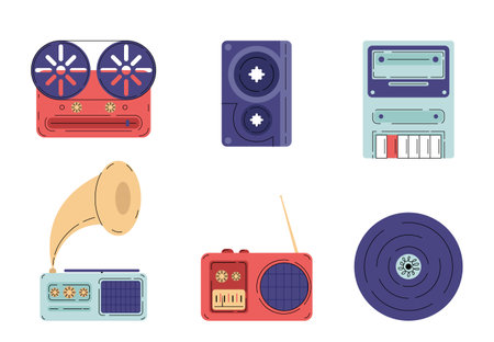 Music stuff set. Gramophone, radio, cassette player and vinyl disc. Electronic audio equipment for listening to music and songs. Flat vector collection isolated on white backgroundのイラスト素材