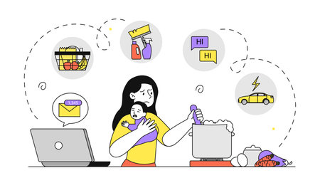 Multitasking mother with child. Sad young girl with crying boy in her arms takes calls. Freelancer and remote employee with child. Emotional burnout and stress. Linear vector illustrationのイラスト素材
