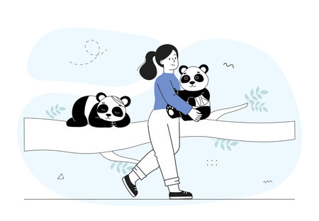 Woman with panda. Young girl puts baby panda on branch. Zookeeper at workplace. Care about nature and environment. Animal in wild life. Linear vector illustration isolated on white backgroundのイラスト素材