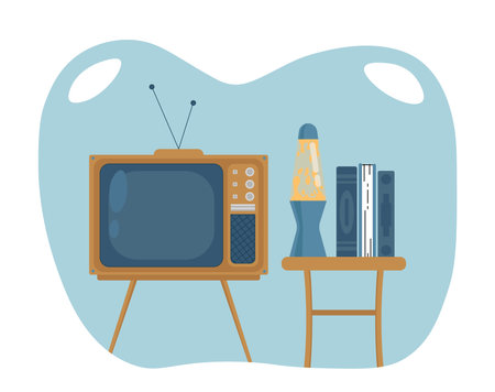 Retro tv concept. Televicion on wooden legs with two antennas. Old style equipment for watching films, TV series and shows. Entertainment and fun. Flat vector illustration isolated on white backgroundのイラスト素材