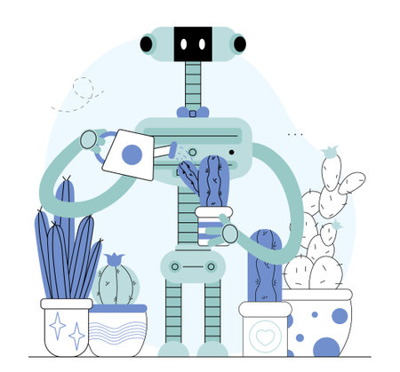 Robot watering plants. Bot with plants in flowerpots. Artificial intelligence and machine learning. Helper and assistant. Gardening and botany. Linear vector illustration isolated on white backgroundのイラスト素材