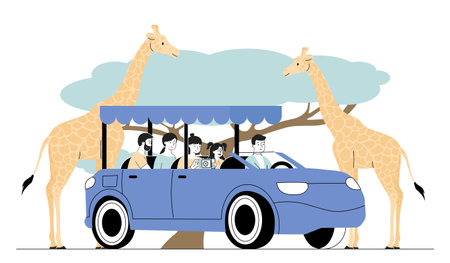 Tourists on safari. Men and women with cameras driving car and photographing giraffes. Tropical and exotic African fauna. Travel and tourism. Linear vector illustration isolated on white backgroundのイラスト素材
