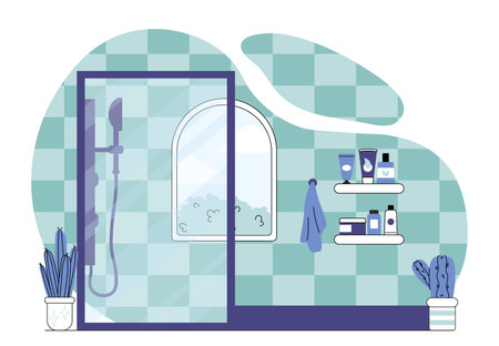 Shower in bathroom. Plastic shower cabin in washroom. Modern and minimalistic interior. Cleanliness and hygiene, routine. Linear vector illustration isolated on white backgroundのイラスト素材