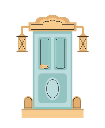 Door entrance concept. Modern doorway to house with pendant lanterns. Exterior and facade of building. Green luxury door. Flat vector illustration isolated on white backgroundのイラスト素材