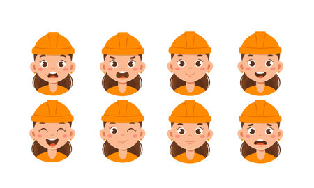 Female worker constructor. Girl in protective hat with different emotions and feelings. Kit for creating animations. Pack of heads and faces. Construction and architecture. Flat vector collectionのイラスト素材