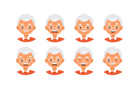 Old man constructor. Grandfather with different emotions and feelings. Kit for creating animations. Pack of heads and faces. Senior and pensioner. Flat vector collection isolated on white backgroundのイラスト素材