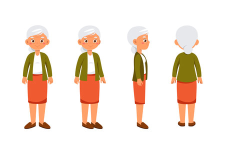 Old woman constructor. Grandmother in casual clothes. Kit for customizations. Pack of character in different poses. Senior and pensioner. Flat vector collection isolated on white backgroundのイラスト素材