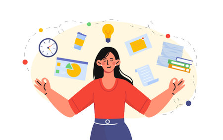 Woman with harmony at work. Young girl handles tasks calmly. Stress management and breathing practices, meditation in office. Mindfulness and awareness. Flat vector illustrationのイラスト素材