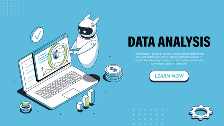 Isometric data analysis poster. Bot near laptop with charts. Artificial intelligence and machine learning. Virtual assistant with infographics. Landing webpage design. Linear vector illustrationのイラスト素材