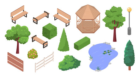 Isometric park set. Wooden benches, fences, bushes with flowers and trees. Gazebo, lantern and lake. Constructor for creating summer park. 3D vector collection isolated on white backgroundのイラスト素材