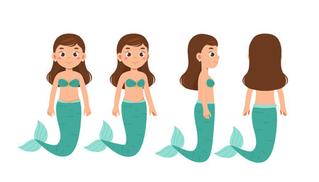 Beautiful mermaid constructor. Girl with fish tail. Kit for creating animations. Pack of character in different poses. Imagination and fantasy. Flat vector collection isolated on white backgroundのイラスト素材
