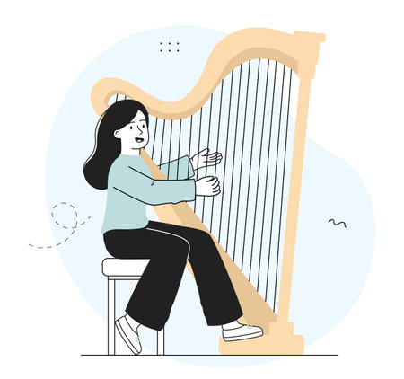 Girl playing harp. Woman musician performs on stage. Talented artist with musical string instrument. Hobby and leisure. Child repeats melody. Linear vector illustration isolated on white backgroundのイラスト素材