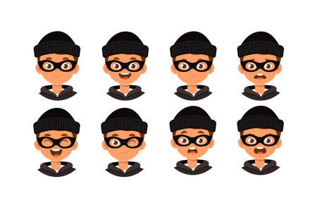 Male robber constructor. Man in black mask and hat different emotions and feelings. Kit for customization. Pack of heads and faces. Flat vector collection isolated on white backgroundのイラスト素材