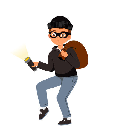 Robber man with bag. Young guy in mask and hat with flashlight and bag of money. Theft, robbery and crime. Gangster and burglar. Flat vector illustration isolated on white backgroundのイラスト素材