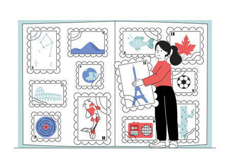 Woman collecting stamp. Young girl pastes postage stamps into book. Collector and philatelist with photo album and scrapbook, portfolio. Linear vector illustration isolated on white backgroundのイラスト素材