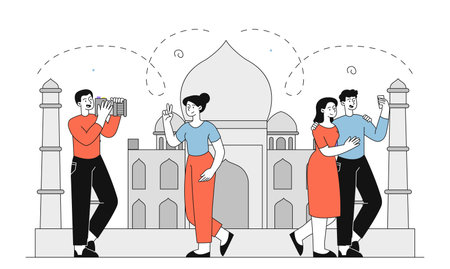 Tourists with Taj Mahal India. Men and women take photos with camera and smartphone against backdrop of Indian landmark. Holiday and vacation in India. Linear vector illustrationのイラスト素材