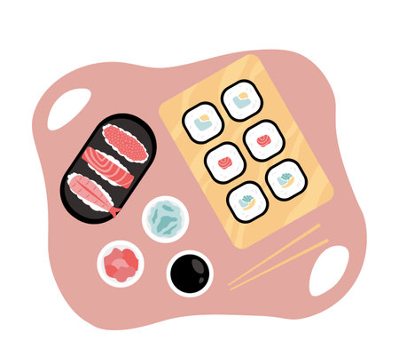 Top view at sushi. Traditional Asian and Japanese cuisine with seafood. Sushi, sauces and rolls. Oriental cafe or restaurant menu. Flat vector illustration isolated on white backgroundのイラスト素材