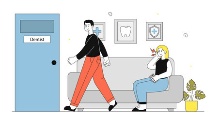 Queue to dentist. Man and woman with toothache waiting to visit dentist. Dentistry and stomatology. Health care and medicine. Oral cleanliness and hygiene. Linear vector illustrationのイラスト素材