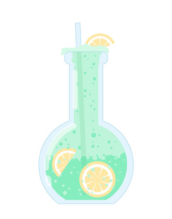 Tropical cocktail concept. Exotic cold green drink with lemon slices. Beverage for summer season. Cafe or restaurant. Poster or banner. Flat vector illustration isolated on white backgroundのイラスト素材
