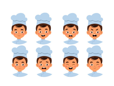 Male chef constructor. Man in cook uniform. Kit for creating animations. Pack of face with various emotions. Cooking and food preparation. Flat vector collection isolated on white backgroundのイラスト素材