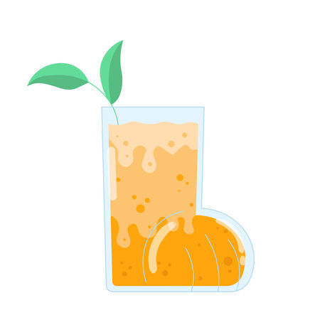 Tropical cocktail concept. Juicy orange near cup. Exotic cold drink. Beverage for summer season. Cafe or restaurant. Social media sticker. Flat vector illustration isolated on white backgroundのイラスト素材