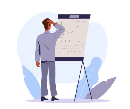 Man with graph analysis. Guy in suit looks at diagrams. Analyst and trader conducts marketing research. Financial literacy and passive income. Flat vector illustration isolated on white backgroundのイラスト素材
