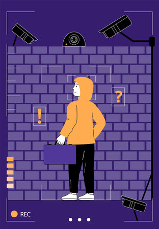 Man with video surveillance. Cameras film young guy in yellow hoodie drawing on wall. Safety of city streets and protection of private property. Identification of criminals. Linear vector illustrationのイラスト素材