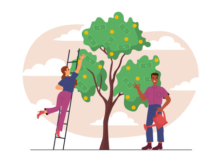 People with money tree. Man and woman near tree with banknotes and gold coins. Investors and traders. Financial literacy and passive income. Flat vector illustration isolated on white backgroundのイラスト素材