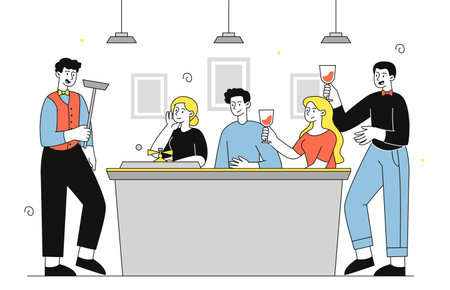 People in casino. Men and women sit in casino near roulette table. Games of luck and fortune. People with gambling. Entertainment and leisure. Linear vector illustration isolated on white backgroundのイラスト素材