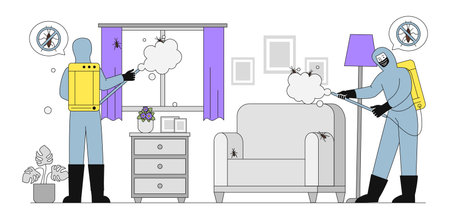 Disinfection of insects. Men in uniform apply spray in apartment. Pesticide, insecticide and repellent. Workers with chemical reagents. Linear vector illustration isolated on white backgroundのイラスト素材