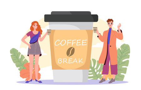 People with coffee break. Man and woman near mug with hot drink. Aroma and beverage. Espresso, cappuccino and mocaccino. Conversation and discussion, chat. Flat vector illustrationのイラスト素材