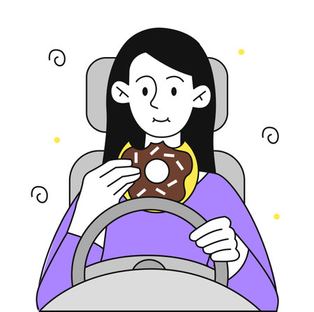 Woman eat while driving. Young girl with donut driving car. Unsafe driving and road hazards. Bad behaviour and breaking laws. Linear vector illustration isolated on white backgroundのイラスト素材