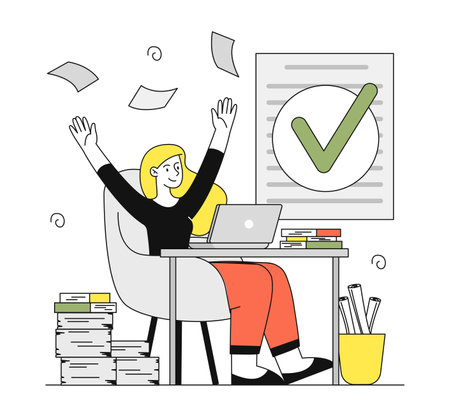Woman with done task. Young girl with laptop near screen with check mark. Successful worker and employee. Organizing efficient workflow and time management. Linear vector illustrationのイラスト素材