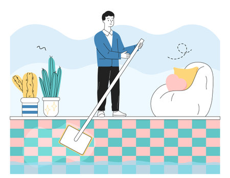 Man cleaning pool. Young guy with mop takes out trash from swimming pool. Cleanliness and hygiene. Cleaning service worker. Linear vector illustration isolated on white backgroundのイラスト素材