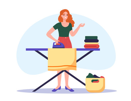 Woman irons clothes. Young girl irons clothes and apparel. Housekeeping, household chores and routine. Housewife near basket with garment. Flat vector illustration isolated on white backgroundのイラスト素材