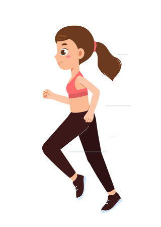 Fitness girl run. Woman in sports uniform running. Active lifestyle and cardio training. Marathon and sprint runner. Sportswoman in sportswear. Flat vector illustration isolated on white backgroundのイラスト素材