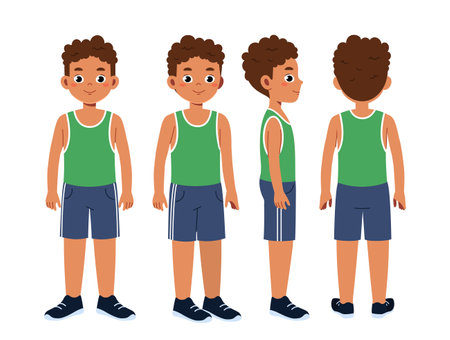 Fitness boy constructor. Guy in sportive uniform. Kit for creating animations. Pack of character in various angles. Cardio training and workout. Flat vector collection isolated on white backgroundのイラスト素材