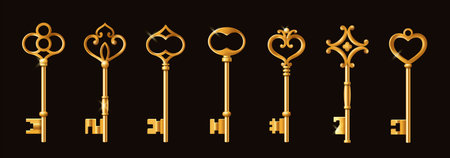 Set of realistic vintage keys. Old antique gold keys for locks of different shapes. Equipment for opening locks. Retro design elements. 3D vector illustration collection isolated on black backgroundのイラスト素材