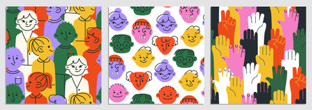 Diverse colorful people seamless pattern. Repeating templates with cute characters, hands and smiling faces. Friendship, community and team. Doodle vector illustration set isolated on backgroundのイラスト素材