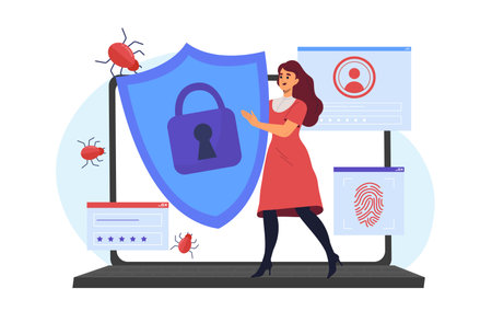 Cyber defense woman. Young girl with shield near laptop. Protection of personal information and data. Safety and security on internet. Flat vector illustration isolated on white backgroundのイラスト素材