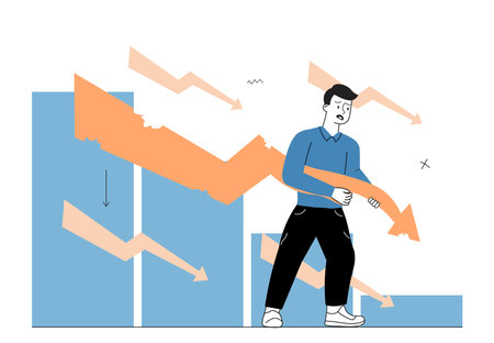 Man with downfall of company. Young guy holding falling arrow. Businessman and investor, trader. Economy and trading, investing. Linear vector illustration isolated on white backgroundのイラスト素材