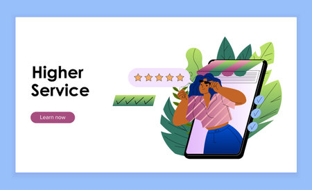 Higher service poster. Woman gives five stars on her smartphone screen. Good feedback and revew, clients opinion. Landing page design. Flat vector illustration isolated on blue backgroundのイラスト素材